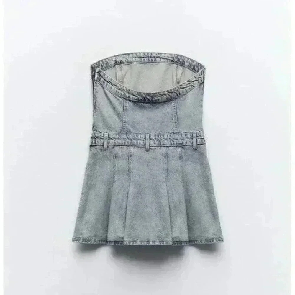 ZARA PLEATED TRF DENIM DRESS XL NWT - Picture 2 of 11